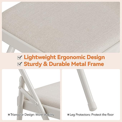 GarveeHome 4 Pack Folding Chairs with Fabric Padded, Metal Foldable Chair Linen Cushion and Back for Indoor Outdoor, Commercial Stackable Guest Chairs for Camping, Dining Room, Office, Wedding, Beige