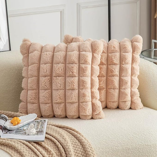 Neelvin Camel Faux Fur Cozy Soft Plaid Decorative Throw Pillow Covers 20x20 inch Set of 2,Velvet Pillowcase Cushion Case for Sofa Couch