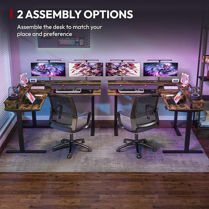 SANODESK 71" L Shaped Standing Desk with 4 Drawers, Height Adjustable Stand up Desk, Corner Gaming Desk with Monitor Stand, Black Frame/Rustic Brown Top
