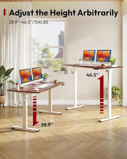SANODESK Electric Standing Desk 60 x 24 Inches Whole-Piece Desktop Height Adjustable Stand Up Desk w/6-Button Controller Ergonomic Computer Desk for Home Office, White Frame + Mahogany Tabletop