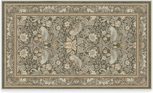 RUGGABLE x Morris & Co Machine Washable Area Rug – Strawberry Thief Stone Gold 3x5, Stain-Resistant, Non-Slip – Small Rugs for Living Room, Bedroom, Hallway, Entryway & Office–with Cushioned Pad