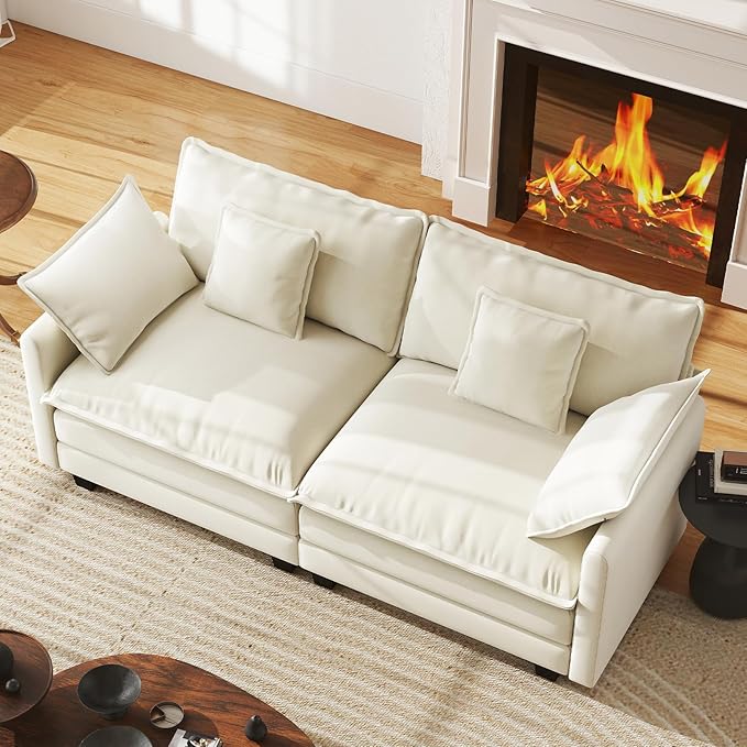 WorthFurni 77 Inch Cloud Sofa Loveseat, Comfy Sectional Couch, 2-Seater Chenille Deep Seat Sofa with Throw Pillows for Living Room Bedroom Apartment （Beige）