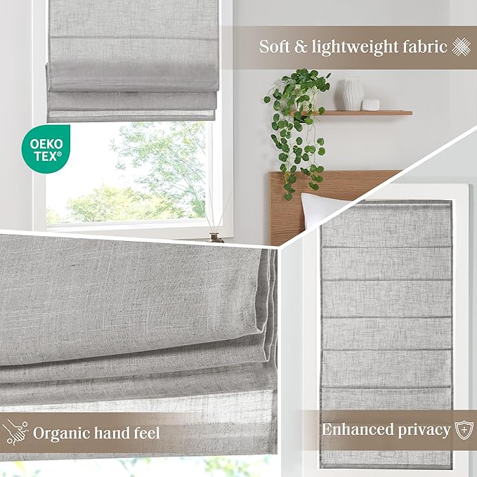 Madison Park Kyler Cordless Roman Shades - Single Panel, Lightweight Linen Blend Fabric, Natural Design, Easy Installation, Light Filtering Window Blind, Bedroom, Living Room Decor 27" W x 64" H Grey