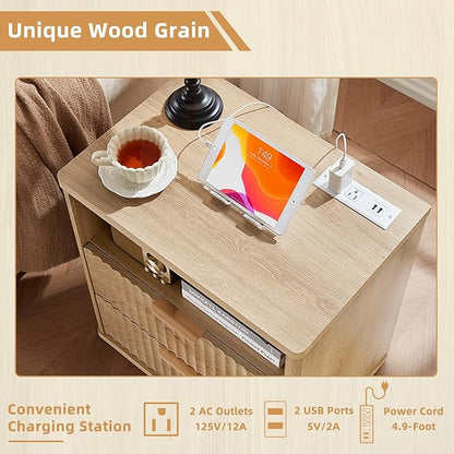 LEYAOYAO Fluted Nightstand Set of 2 with Charging Station,23" Modern Nightstand with Woodgrain Top, 2 Drawer End Table w/Storage, BedsideTables for Bedroom, Living Room, Curved Profile,Wood
