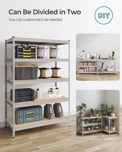 SONGMICS 5-Tier Storage Shelves, Load 2310 lb, Garage Storage, Boltless Assembly, Adjustable Shelving Unit, 23.6 x 47.2 x 70.9 Inches, for Study Shed Basement, Silver and Natural Beige UGLR600E01