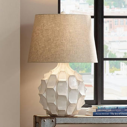 Possini Euro Design Cosgrove Mid Century Modern 3-Way Table Lamp with Table Top Dimmer 26.5" High White Glazed Ceramic Light Brown Linen Drum Shade for Living Room Bedroom House Bedside Nightstand
