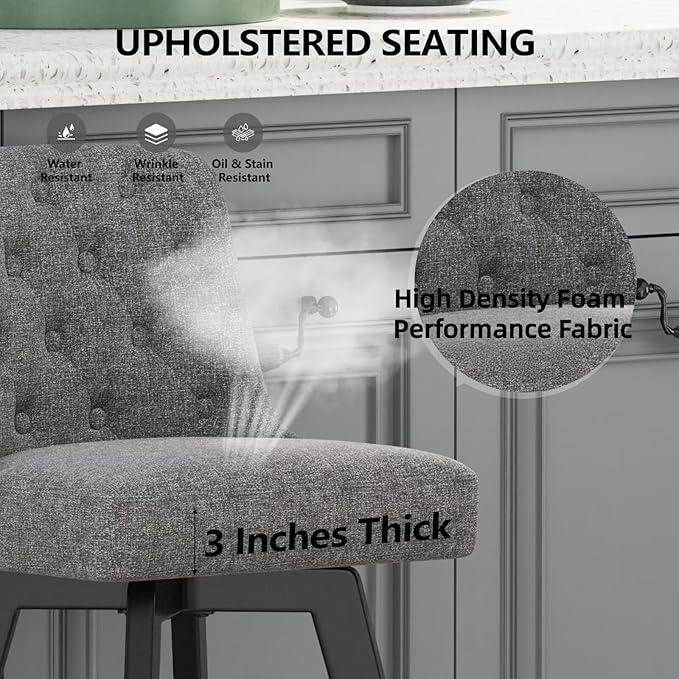 MINCETA Bar Stool, 30 Inch Upholstered Barstool with Low Tufted Back and Footrest, Swivel Counter Height Barstool for Kitchen Island Home Bar Performance Fabric Gray