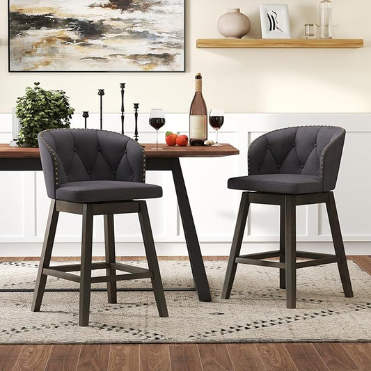 COSTWAY Counter Height Bar Stools Set of 2, Fabric Upholstered Island Stools with 360° Swivel Seat & Button-Tufted Back, Modern Pub Stools with Solid Rubber Wood Frame (Grey,2)