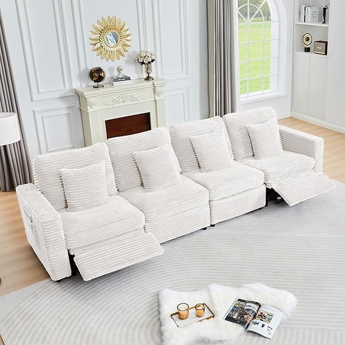 Oversized Corner Modular Sectional Sofa, L Shape Plush Corduroy Fluffy Sectional Couch with Pillows, 5 Seat Modular Sofa with Deep Seat for Living Room-White