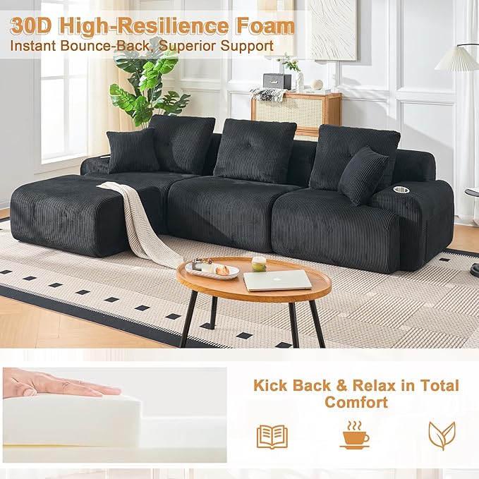 118" Modular Sectional Sofa, Cloud Sectional Couch with Deep Seat, Modern Modular Sofa with L Shaped Comfy Cloud Upholstered Boneless Couches for Living Room Bedroom, Black