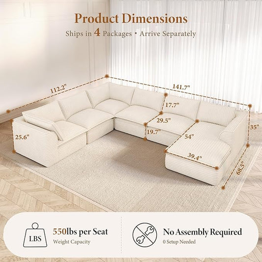 Vesgantti 141.7" Oversized Sectional Boneless Couch, Modern 7 Seater Modular Sofa with Chaise, Deep Seat Convertible Plush Corduroy Cloud Couches for Living Room, No Assembly Required, Beige
