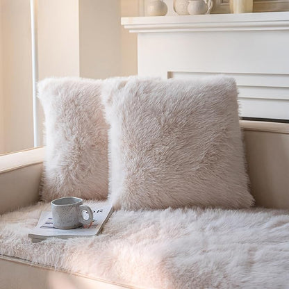 Neelvin Beige Faux Fur Cozy Fluffy Double-Sided Decorative Throw Pillow Covers 22x22 inch Set of 2,Velvet Pillowcase Cushion Case for Sofa Couch