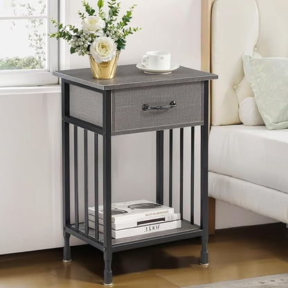 VECELO Nightstands, Industrial Side Table/End Tables with Drawer and Storage Shelf, Night Stands for Bedroom, Living Room, Wood Metal Furniture, Easy Assembly