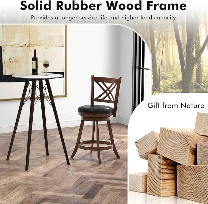 COSTWAY Bar Stool Set of 2 for Kitchen Island, Swivel Upholstered Counter Height Barstools with PU Surface, Rubber Wood Frame, 360° Rotatable Seat, Curved Back, Sturdy Footrest (2, 24" Seat Height)