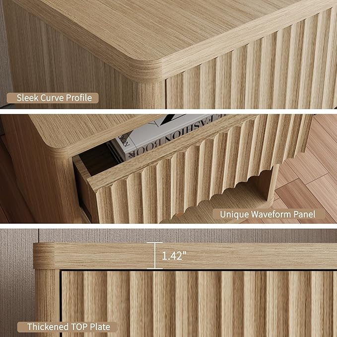 22.8" Fluted Nightstands Set of 2, Large Modern Nightstand with Drawer and Storage Shelf, Oak Finish & Cream, Mid Century Night Stands for Bedroom Living Room Sofa Couch Office