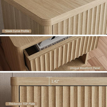 22.8" Fluted Nightstands Set of 2, Large Modern Nightstand with Drawer and Storage Shelf, Oak Finish & Cream, Mid Century Night Stands for Bedroom Living Room Sofa Couch Office