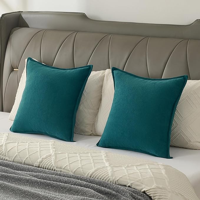 FUTEI Teal Chenille Throw Pillow Covers 24x24 Inch Set of 2,Edges Double-Stitched European Cushion Cases,Modern Home Decor for Couch Living Room