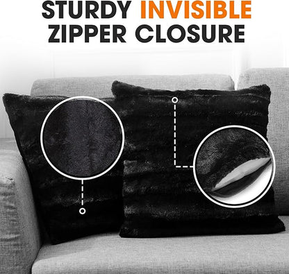 Cheer Collection Faux Fur Throw Pillows - Decorative Pillows for Couch, Bed Throw Pillows, Black Accent Pillows for Bedroom or Living Room Aesthetic, Set of 2 Furry Throw Pillows, 26" x 26"