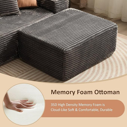 37.1" Ottoman for Couch, Plush Corduroy Memory Foam Ottoman Cloud Boneless Sectional Couch for Living Room Foot Stools No Assembly Require, Plush Corduroy,Gray