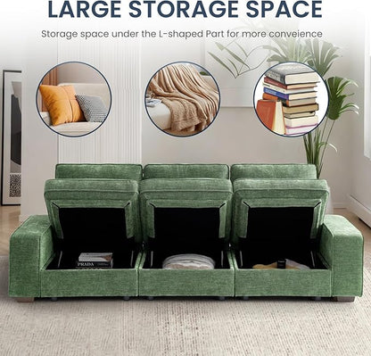 TEKAMON 128" Modular Sofa Couch with Seat Storage, Chenille Sofa，Modern Comfy 4-Seater Couch for Living Room, Office, Apart W/Deep Seat, Wide Armrest, USB, Pockets, Removable Covers (Green)