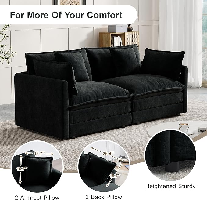 Modular Sectional Sofa, 76.7 Inch I-Shaped Cloud Sofa with Deep Seat Comfortable Chenille Sofa with Cushion Double Sectional Sofa for Living Room Apartment,Black