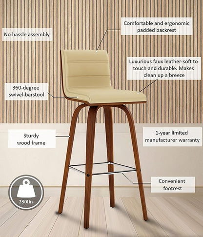 Armen Living Vienna 30" Swivel Bar Stool in Walnut Wood Finish with Cream Faux Leather - Set of 3