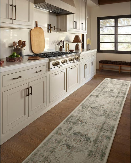 RUGGABLE Washable Vintage Runner Rug – Sarrah Sage 2.5x10, Stain-Resistant, Non-Slip Hallway Runner – Machine Washable Rug for Hallway, Entryway, Living Room & Kitchen–with Cushioned Pad
