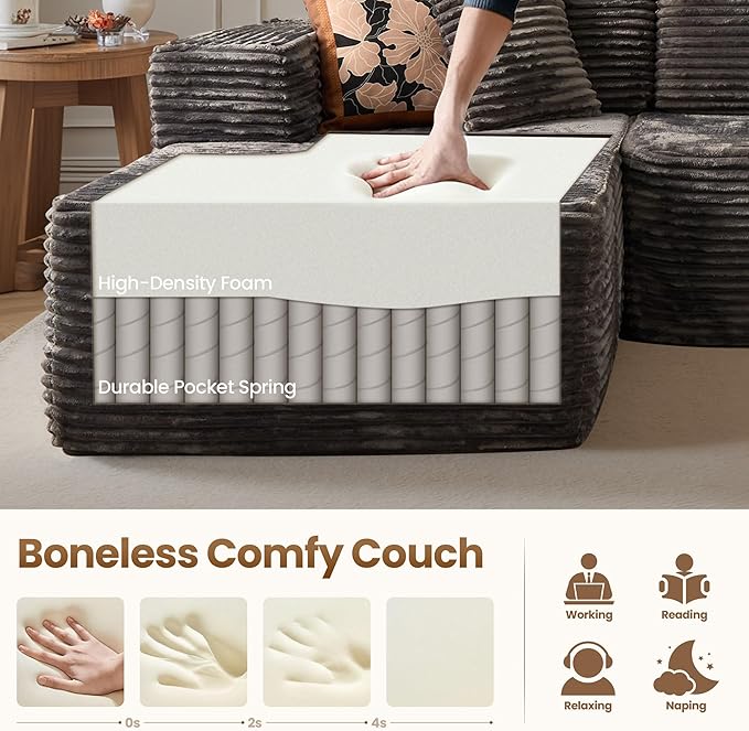 Cloud Sectional Couch with Chaise, Boneless U-Shaped Cloud Couch with Deep Seat, Soft Plush Modern Minimalist Sofa, Assembly Free Modular Floor Sofa for Office Living Room Apartment, Grey
