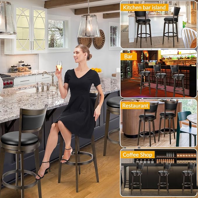 PrimeZone Swivel Bar Stools Set of 3, 30 Inch Bar Height Barstools, Black Faux Leather Bar Stool with High Backrest & Solid Wood Legs & Wrap-Around Footrest, Counter Stools for Kitchen Island, Pub