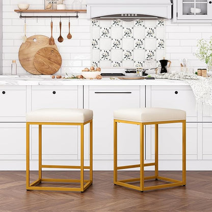 ALPHA HOME 24 Inch Counter Height Bar Stools Set of 3, Upholstered Bar Stools for Kitchen Island, Counter Stools with Faux Leather Cushion and Sturdy Metal Frame, Modern Barstools, White and Gold