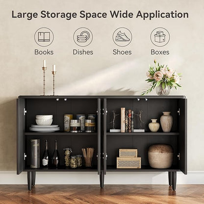 LITTLE TREE 59-Inch Buffet Cabinet Sideboard with Storage, Modern Sideboard Buffet Table with Doors for Living Room, Dining Room (Black)