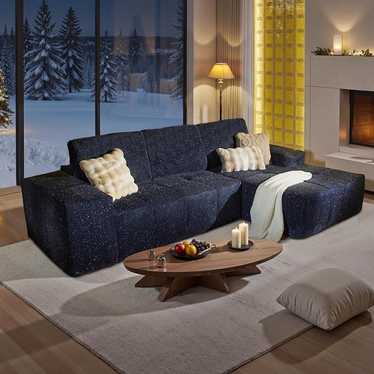 114" Glitter Cloud Sectional Couch with L-Shape Chaise, Modern Boneless Couches for Living Room, Fluffy Tufted Deep Seat Modular Sofa in a Box No Assembly