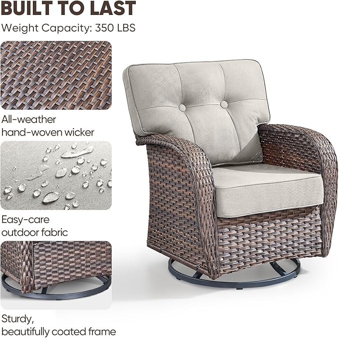 6-Piece Rotating Balcony Chair Set with 31-inch T-Shaped Wide backrest - Rattan Outdoor Rotating Balcony Chairs, Wide backrest Comfortable Outdoor Sliding Chair - Brown | Beige