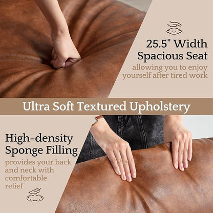 LukeAlon Modern PU Leather Accent Armchairs Set of 2, Upholstered Lounge Chair with Brass Metal Frame Thickened Cushion Single Sofa Chair Leisure Chair with Lychee Grain for Bedroom Living Room, Brown