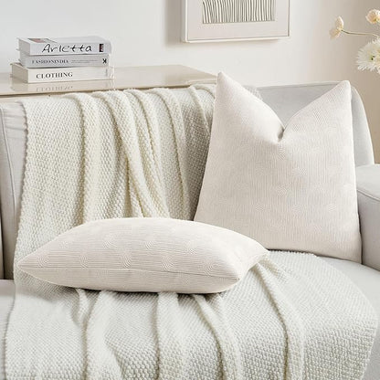 FUTEI Cream Chenille Decorative Throw Pillow Covers 22x22 Inch Set of 2,Soft Cozy Striped Geometric Patterns Cushion Cases,Modern Home Decor for Couch Bed Living Room