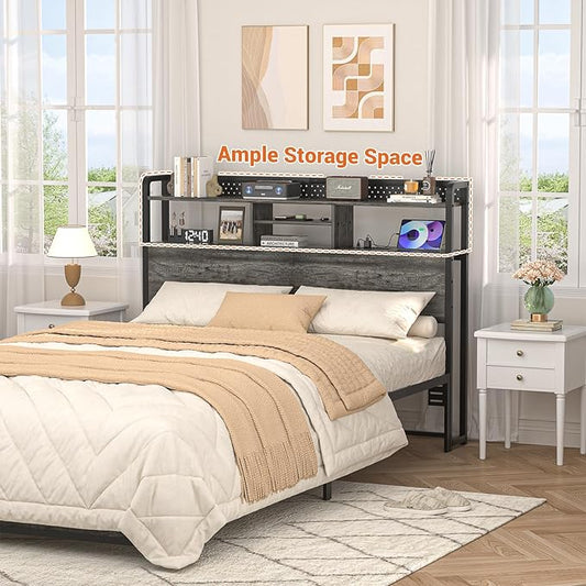 Unikito Headboard for Queen Size Bed with Storage Shelf, Head Board with 3 Outlets and 2 USB Ports, Headboards with RGB LED Light, Height Adjustable, Sturdy and Stable, Easy Assembly, Black Oak