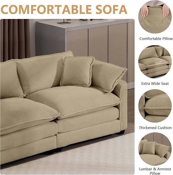 mikibama Luxury 2 Piece Sofa Set, 3-Seater & Loveseat Couch Set, Modern Corduroy Comfy Cloud Couches Set for Living Room Office with 4 Armrest Pillows and 5 Toss Pillows, Camel