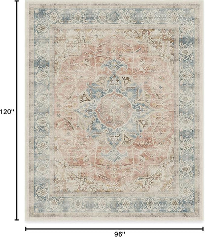 RUGGABLE Washable Vintage Area Rug – Sarrah Coral 8x10, Stain-Resistant, Non-Slip – Large Machine Washable Rugs for Living Room, Bedroom, Hallway, Entryway & Office–with Standard Pad
