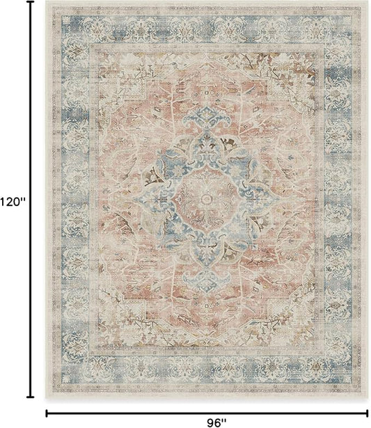RUGGABLE Washable Vintage Area Rug – Sarrah Coral 8x10, Stain-Resistant, Non-Slip – Large Machine Washable Rugs for Living Room, Bedroom, Hallway, Entryway & Office–with Standard Pad