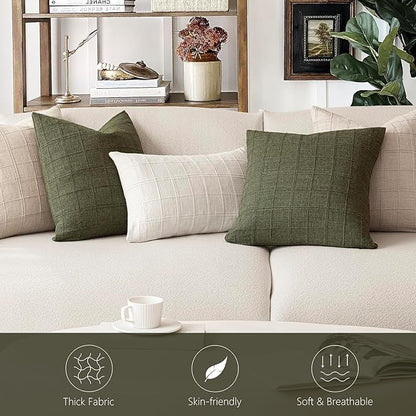 Foindtower Set of 2 Decorative Linen Check Throw Pillow Covers Neutral Farmhouse Lumbar Cushion Covers Modern Boho Home Decor for Sofa Chair Couch Bedroom Living Room,12×20 Inch,Olive Green