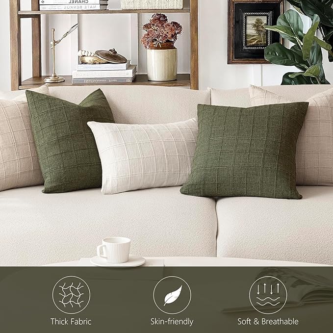 Foindtower Set of 2 Decorative Linen Check Throw Pillow Covers Neutral Farmhouse Lumbar Cushion Covers Modern Boho Home Decor for Sofa Chair Couch Bedroom Living Room,12×24 Inch,Olive Green