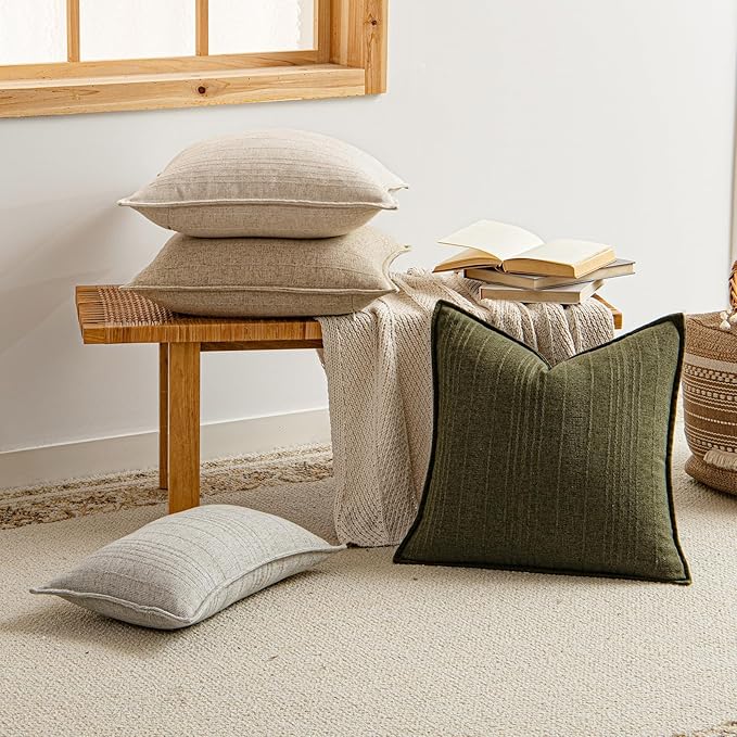 a moment Christmas Linen Pillow Covers Set of 2,Boho Farmhouse Throw Pillowcases Neutral Textured Decorative Covers for Couch Sofa,Soft Linen Blend Accent Case Cushion Home Decor 26"x26"Dark Green