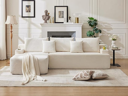 106" Cloud Sectional Couch, Modular Sectional Sofa with L-Shape Chaise, Corduroy Boneless Couch with Deep Seat, Upholstered Sofa for Living Room, No Assembly Required(Left-Facing Chaise, White)