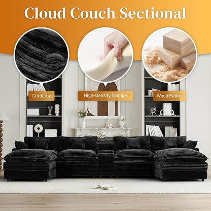 HYJT-H&K 145" U Shaped Cloud Couch Modular Dark Black Sectional Couches for Living Room, Comfy Fluffy Corduroy Oversized Cloud Sectional Couch Large 6 Seat Sectionals Sofa Set Central Console USB Port