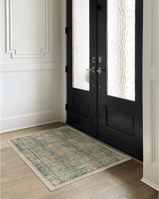 RUGGABLE x Morris & Co Washable Area Rug – Pimpernel Vintage Green 3x5, Stain-Resistant, Non-Slip – Small Machine Washable Rugs for Living Room, Bedroom, Hallway, Entryway & Office–with Standard Pad