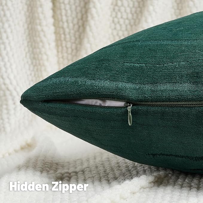 FUTEI Dark Green Chenille Decorative Throw Pillow Covers 18x18 Inch Set of 2,Soft Embossed Striped Textured Cushion Case,Modern Home Decor for Couch Bed Living Room