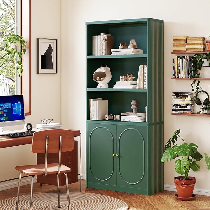 70.8" Tall Fluted Bookshelf with Storage Cabinet, Modern 5-Tier Wood Bookcase with Open Display Storage Shelf, Gold Handles for Office Living Room (Green)