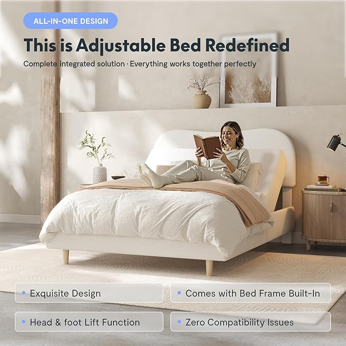 FLEXISPOT Queen All-in-One Adjustable Bed with 8" Cooling Gel Memory Foam Mattress, Boucle Bed Frame, Head & Foot Incline, Adjustable Headboard, Thick Padding, 10-Year Warranty, White