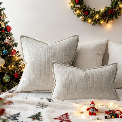 a moment Linen Pillow Covers Set of 2,Boho Farmhouse Throw Pillowcases Neutral Textured Decorative Covers for Couch Sofa, Soft Linen Blend Accent Case Cushion Christmas Home Decor 22"x22"Ivory