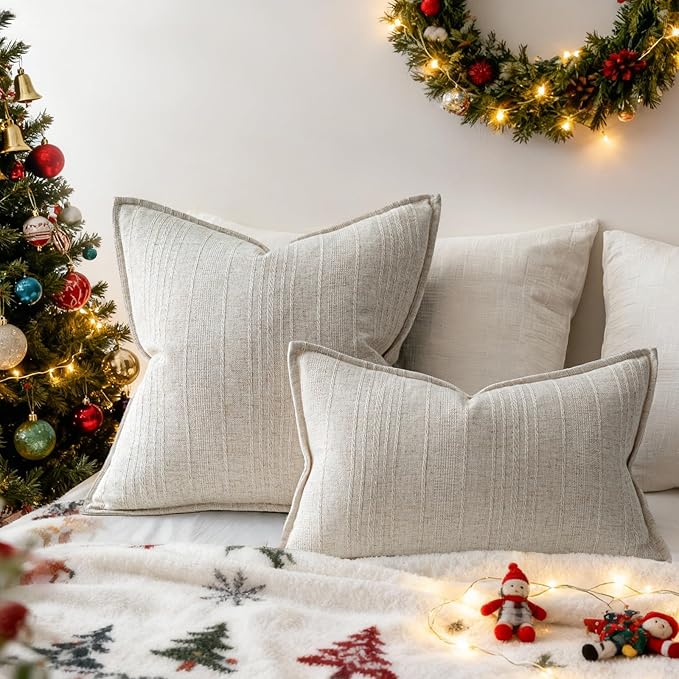 a moment Linen Pillow Covers Set of 2,Boho Farmhouse Throw Pillowcases Neutral Textured Decorative Covers for Couch Sofa, Soft Linen Blend Accent Case Cushion Christmas Home Decor 26"x26"Ivory